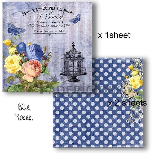 Papericious Decoupage Paper Pack - Blue Roses (6 by 6 inch) - 3 sheets