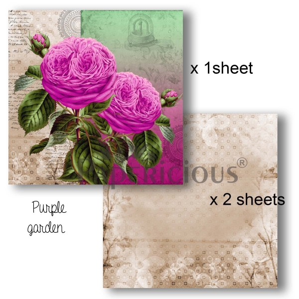 Papericious Decoupage Paper Pack - Purple Garden (6 by 6 inch) - 3 sheets