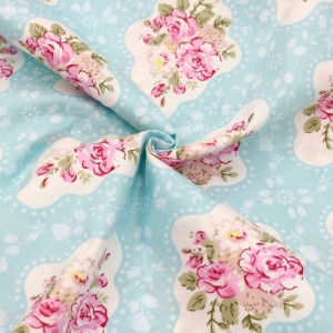 Printed Fabric - Floral (Blue with pink Roses)