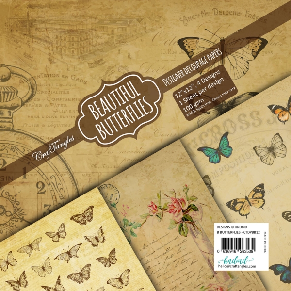 CrafTangles Decoupage Paper Pack - Beautiful Butterflies (12 by 12 inch) - 4 sheets