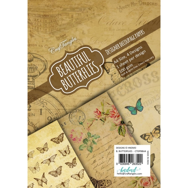 CrafTangles Decoupage Paper Pack - Beautiful Butterflies (A4) - 4 sheets