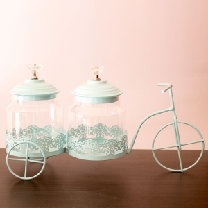 Decorative metal cycle with 2 glass jars (Baby Blue)