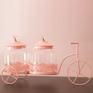 Decorative metal cycle with 2 glass jars (Baby Pink)