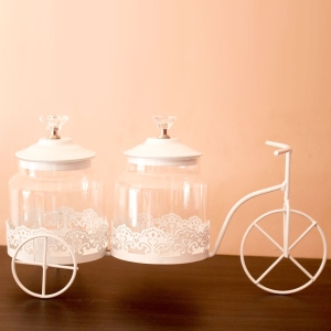 Decorative metal cycle with 2 glass jars (White)