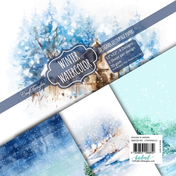 CrafTangles Decoupage Paper Pack - Winter Watercolor (12 by 12 inch) - 4 sheets