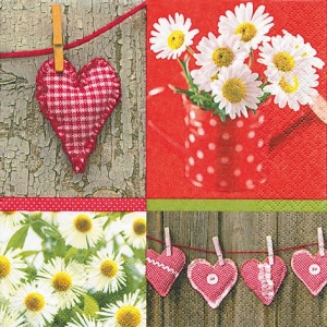 A pack of 12 by 12 inch German Decoupage Napkins ( 5 pcs ) - Hearts and Daisies