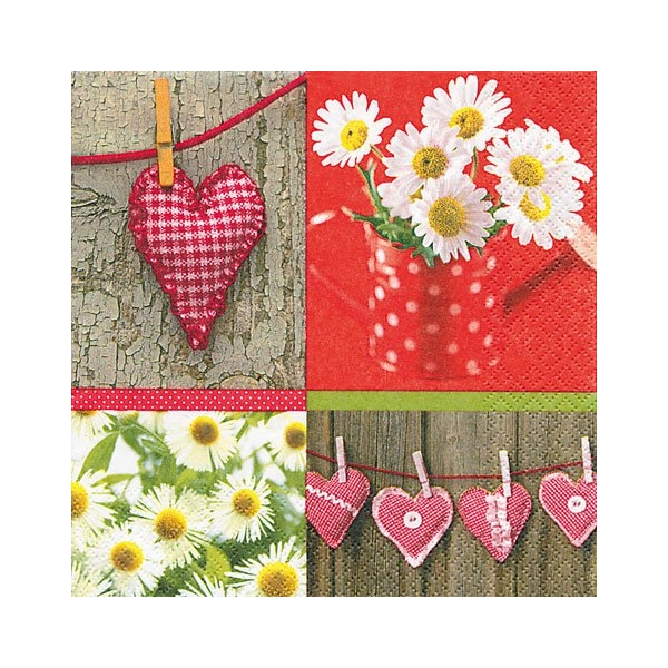 A pack of 12 by 12 inch German Decoupage Napkins ( 5 pcs ) - Hearts and Daisies