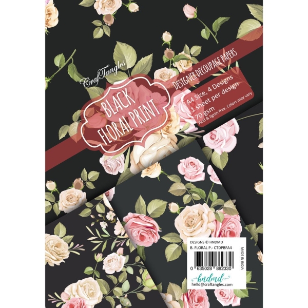 CrafTangles Decoupage Paper Pack - Black Floral Print (A4) - 4 sheets