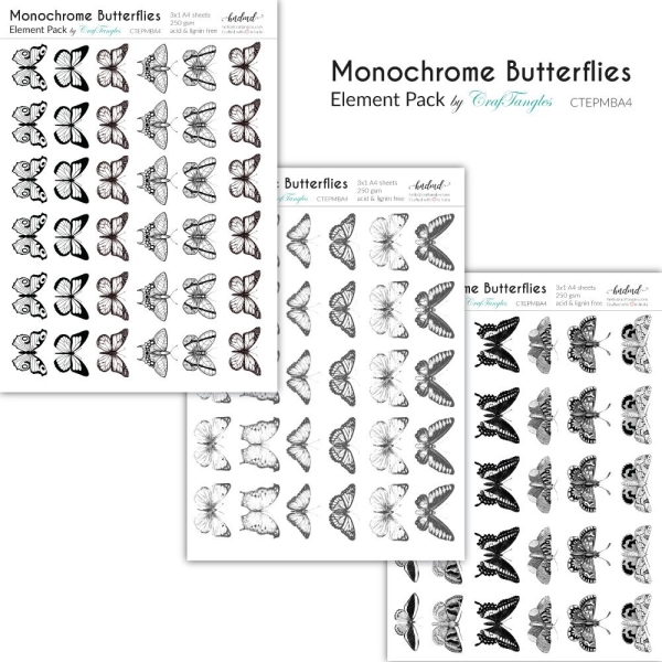 CrafTangles Elements Pack - Monochrome Butterflies (3 sheets of A4)