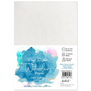 CrafTangles 100% cotton 300 gsm Cold Press handmade Watercolor Paper (Pack of 10) - 9 by 12 inches