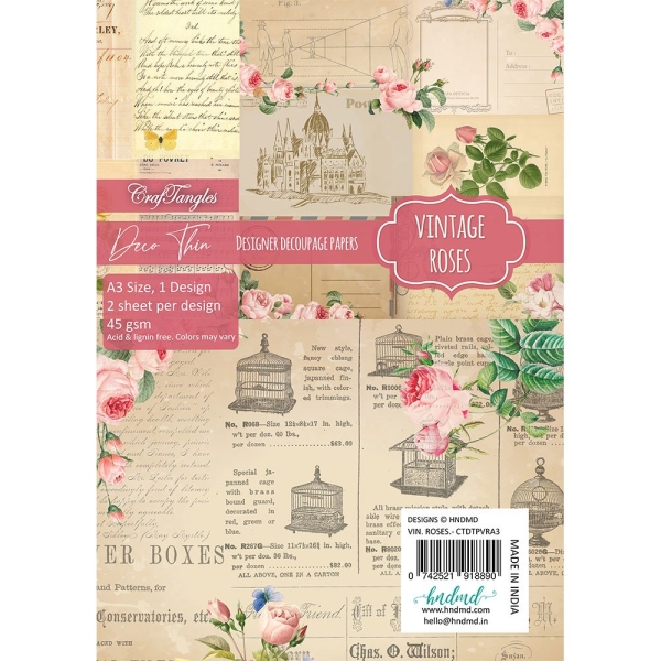 CrafTangles Deco Thin Decoupage Paper A3 (45 gsm) - Vintage Roses - 2 sheets