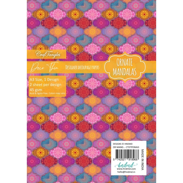 CrafTangles Deco Thin Decoupage Paper A3 (45 gsm) - Ornate Mandalas - 2 sheets