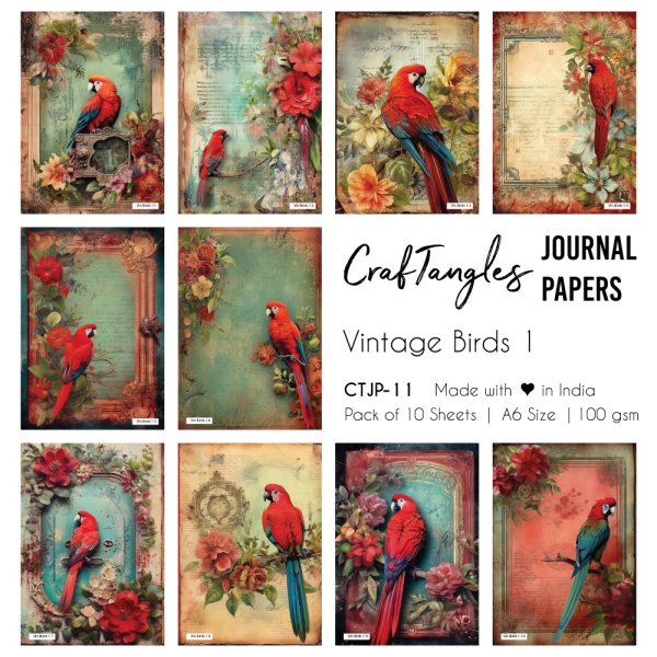 CrafTangles Journal Papers (A6 pack of 10 sheets) - Vintage Birds 1